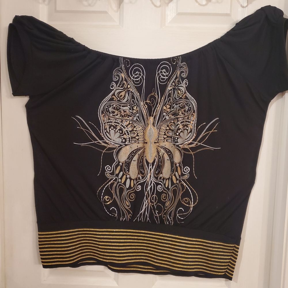 Caren Sport Black Blouse with Gold Butterfly Design